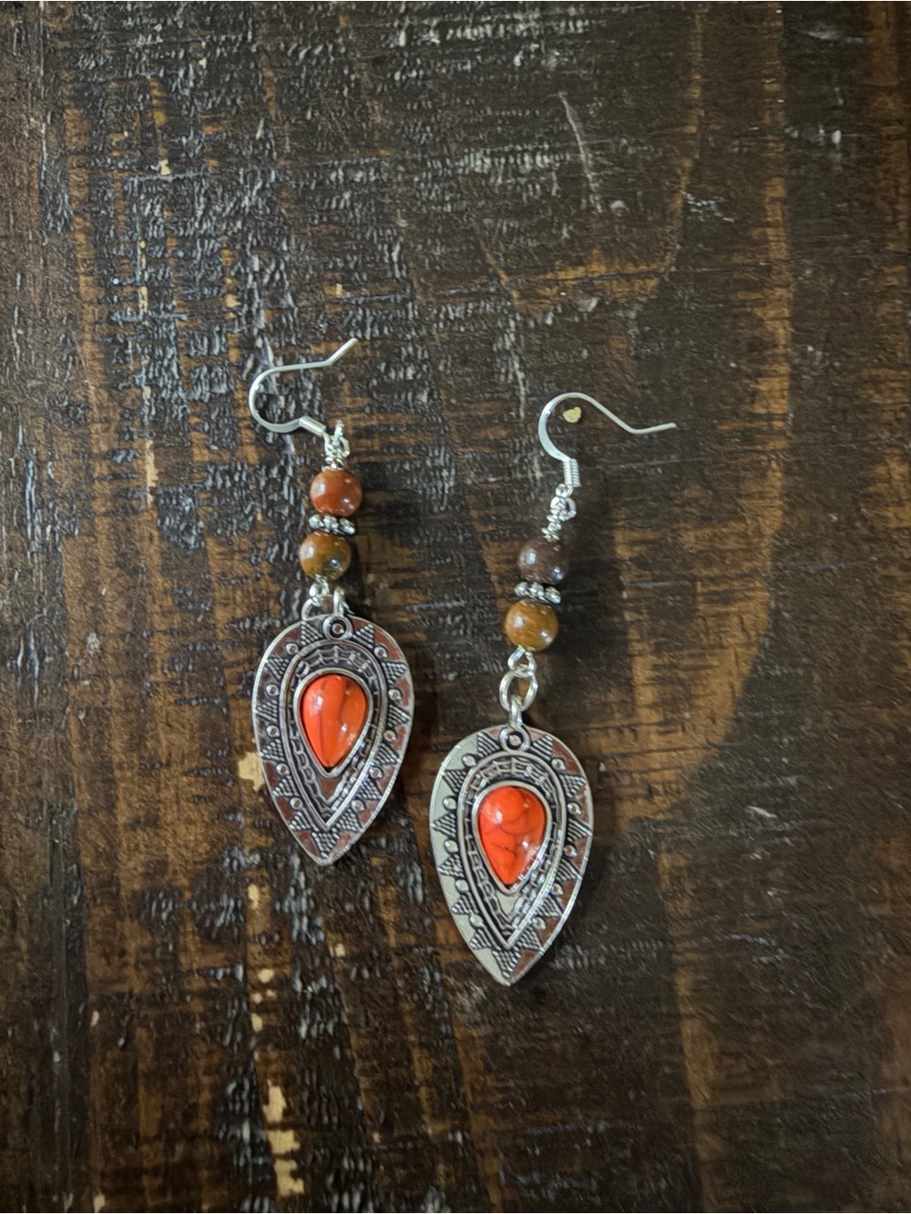 Silver Teardrop Earrings with Orange Stone Accent